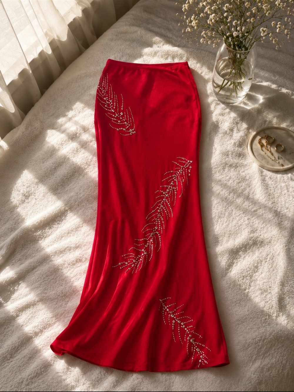 Zara Red Rhinestone Jewel Maxi Skirt – NWT – Size S